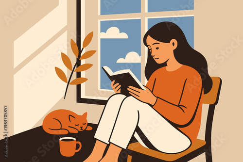 Woman reading a book by the window with a sleeping cat and coffee