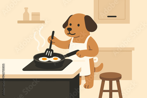 Cute cartoon dog wearing apron cooks fried eggs in a kitchen setting