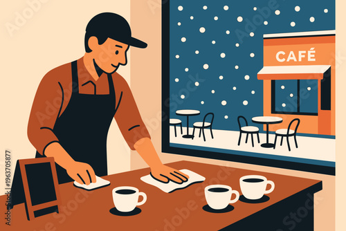 Barista cleaning cafe table with snow falling outside the window