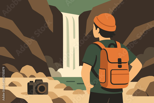 Adventurer with backpack observes a majestic waterfall in a rocky canyon landscape