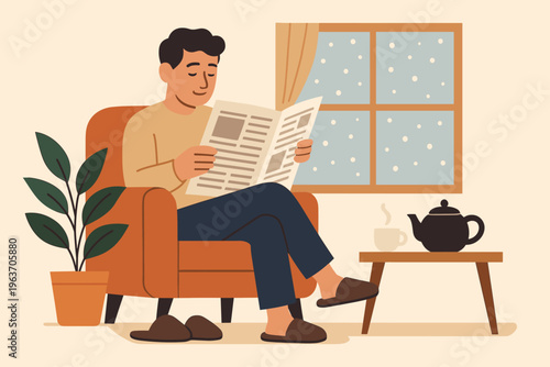 Man relaxing in armchair reading newspaper with tea and snow outside