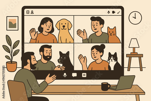 People and pets join a virtual meeting on a laptop screen, waving hello