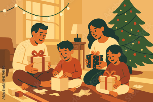 Family happily unwrapping Christmas presents together on the floor by the tree