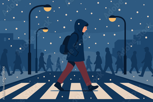 Person with backpack crosses a snowy street at night under streetlights