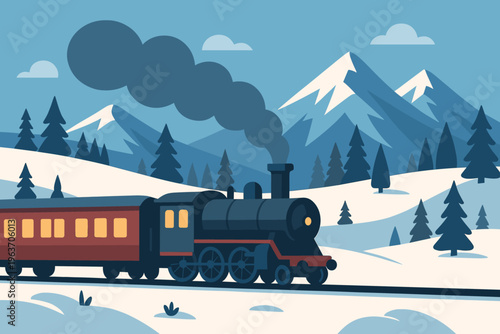 Charming snowy train journey through mountains in a stylized landscape