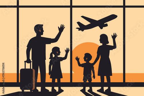 Family waving goodbye to airplane at sunset from airport terminal window
