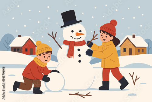 Children happily building a snowman together in a snowy winter village scene