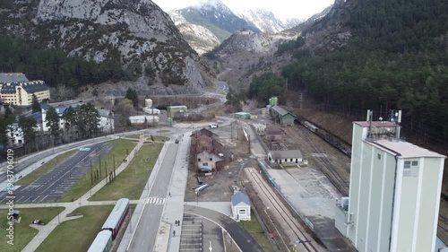 aerial view of the train station of Canfranc in the pyrenees