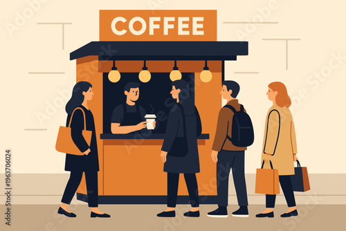 People queuing at an outdoor coffee stand for their morning beverage