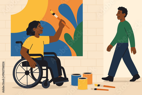 Inclusive mural painting moment with wheelchair artist and friendly passerby