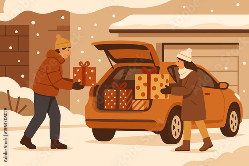 Couple loading Christmas gifts into car trunk during snowfall for winter road trip