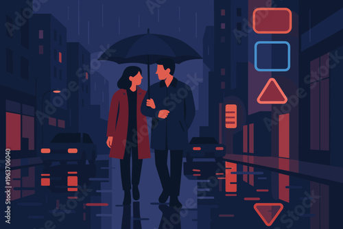 Couple walking under umbrella on a rainy neon-lit city street at night