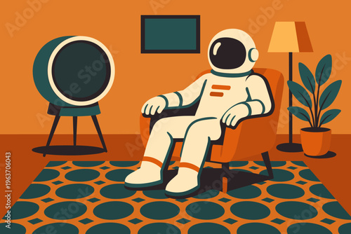 Astronaut relaxing in a retrofuturistic living room with vintage decor