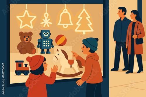 Children excitedly gaze at a toy store window display filled with festive items