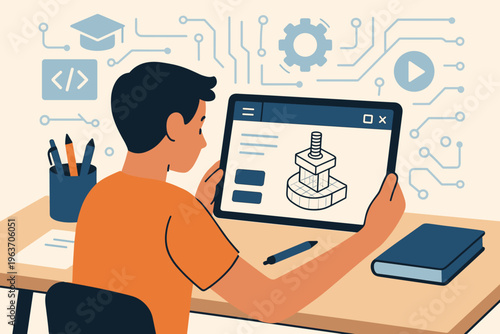 Young student learning 3D modeling and engineering design on a tablet