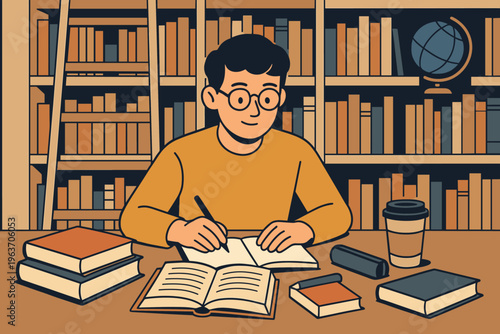 Young student with glasses studying diligently at a desk in a library