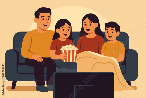 Happy family enjoying movie night together on the couch with popcorn
