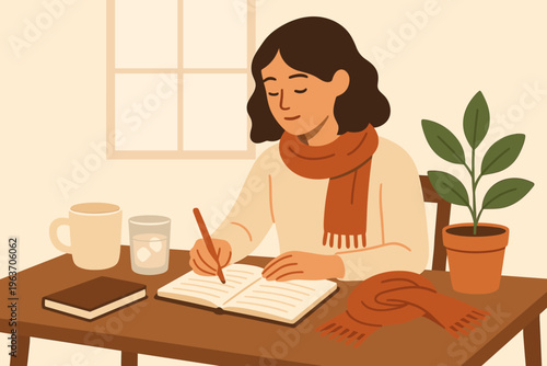 Cozy scene of a woman journaling at a table with a warm drink and plant