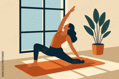 Woman practicing yoga in a sunlit room, stretching on an orange mat