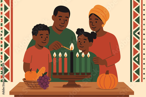 Family lights Kwanzaa candles on kinara with fruits and pumpkin, celebrating heritage