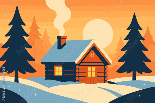 Cozy log cabin nestled in a snowy forest during a warm sunset