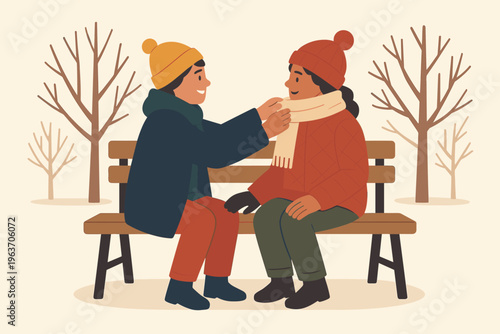 Two friends bundled up in winter clothes sharing a warm scarf on a park bench