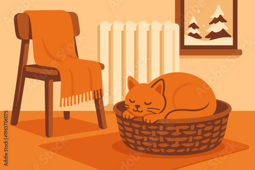 Cozy orange cat naps peacefully in a basket by a warm radiator and snowy window