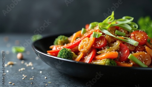 Close up of colorful vegetable stir fry in black bowl. Healthy food with broccoli, bell peppers, tomatoes, carrots, green onions, sesame seeds. Simple meal.
