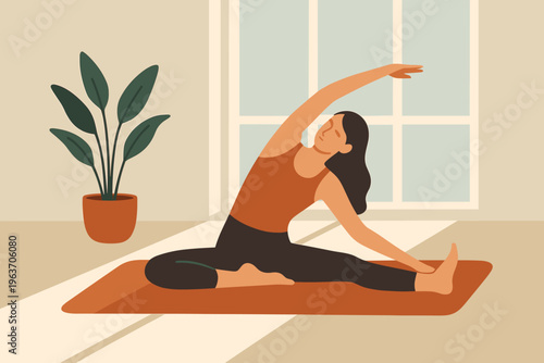 Woman practicing yoga side stretch pose on mat near window and plant