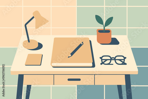 Minimalist desk setup with a notebook, lamp, plant, and glasses