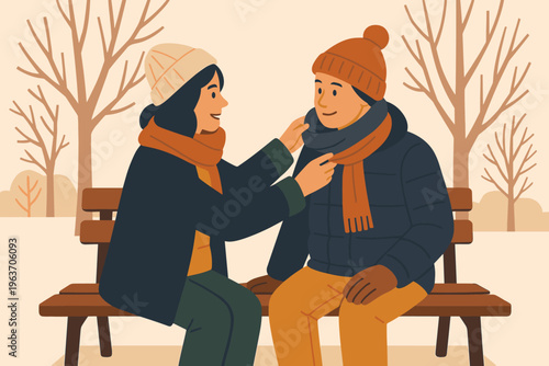 Couple bundled up in winter clothes sharing a tender moment on a park bench