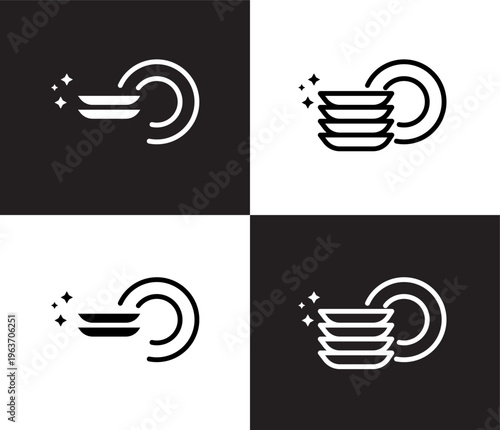 clean dishes icon. Outline and filled clean dishes, clean icon from cleaning collection. Thin line and Solid vectors isolated on black, white background. Editable clean dishes symbol