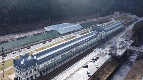 aerial view of the train station of Canfranc in the pyrenees