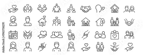 Love and family care line icons set with people heart house handshake and support symbols on transparent background