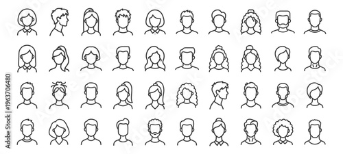 line art avatar portraits of various men and women faces and hairstyles vector set on transparent background