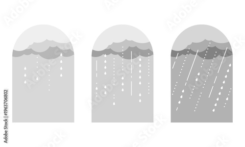 天気のシンボルのアイコンセット/小雨・雨・嵐/シンプルでフラットな空のイラスト/悪天候
