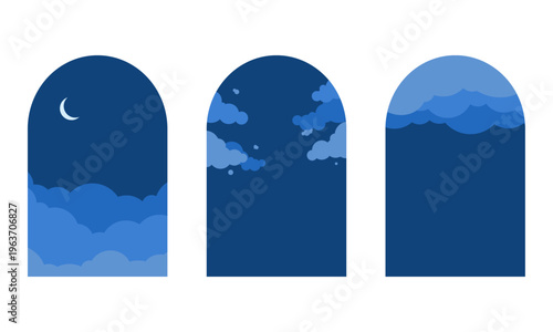 天気のシンボルのアイコンセット/晴れ・雲・曇り/シンプルでフラットな空のイラスト/夜