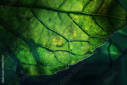 Backlit green leaf with visible veins and structure creates a vibrant and natural backdrop