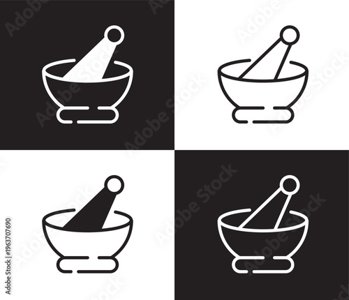 mortar with mace icon. Outline and filled mortar with mace icon from restaurant collection. Thin line and Solid vectors isolated on black, white background. Editable mortar with mace symbol