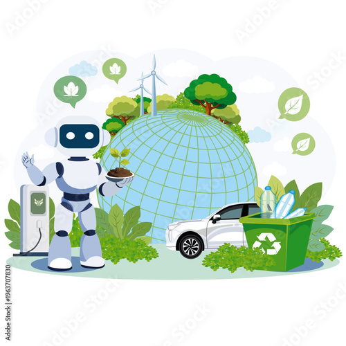 Eco Future Concept with Robot, Recycling and Green Energy