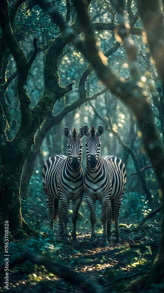 Obraz premium Two zebras standing together in enchanted forest with dappled sunlight filtering through ancient trees creating magical atmosphere for wildlife photography.