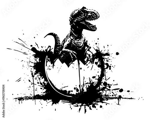 Little baby dinosaur tyrannosaurus rex hatching from an egg shell in black ink splatter style