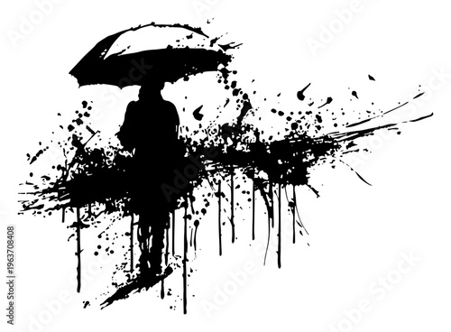 Artistic ink splatter silhouette of a person standing with an umbrella in the rain vector illustration