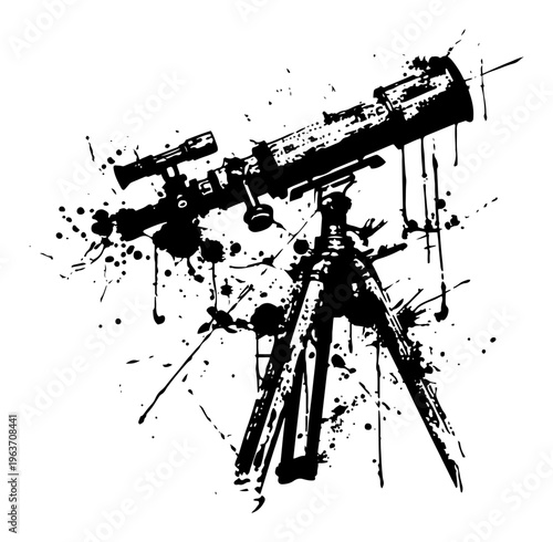 Optical telescope on tripod for stargazing in artistic black ink splash and grunge style