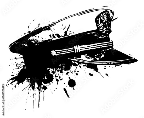 Military officer cap or captain hat with badge in artistic black ink splatter style