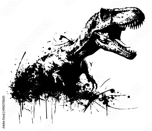 Roaring tyrannosaurus rex dinosaur in a messy black ink splash and grunge illustration