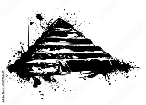 Ancient Egyptian pyramid in a distressed black ink splash and grunge art style