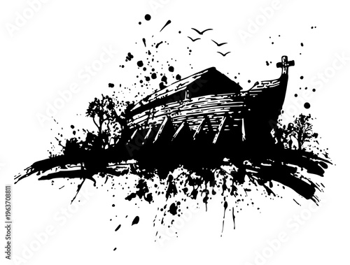 Biblical vector illustration of Noahs Ark ship on the horizon with birds and artistic ink splatters