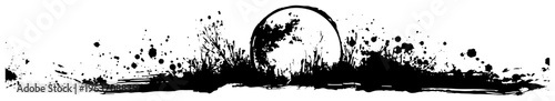 Full moon rising over meadow landscape panorama in black ink splash style