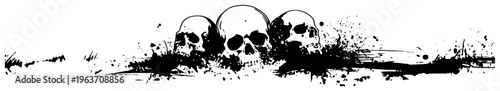 Three human skulls in a horizontal border composition with black ink splatters